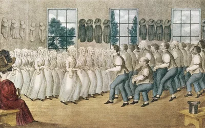 Les Shakers près de Lebanon, publié par Currier et Ives, New York